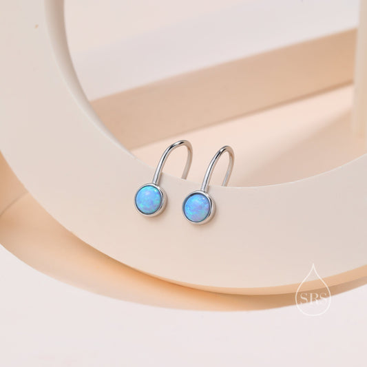 Sterling Silver Blue Opal Drop Earrings in Sterling Silver, Round Blue Opal Hook Earrings, Delicate Opal Earrings, Lab Opal