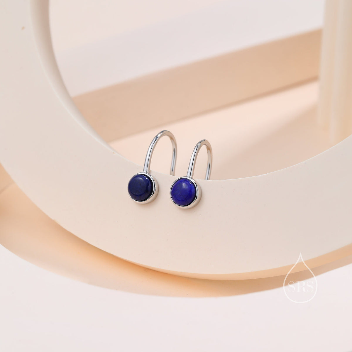 Genuine Lapis Lazuli Drop Earrings in Sterling Silver, Natural Lapis Round Hook Earrings, Delicate Lapis Earrings, Real Lapis Earrings