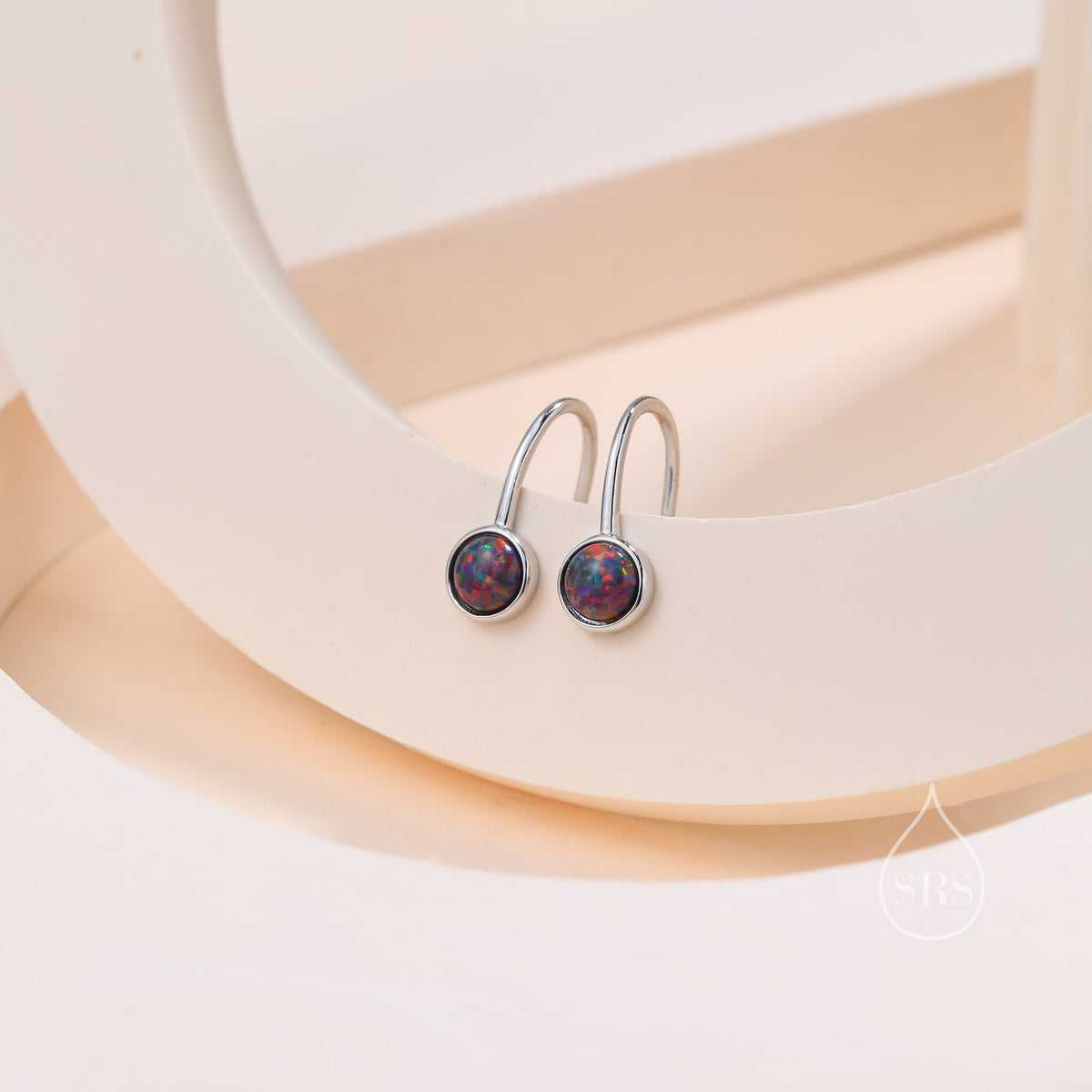 Sterling Silver Purple Opal Drop Earrings in Sterling Silver, Round Purple Opal Hook Earrings, Delicate Opal Earrings, Lab Opal