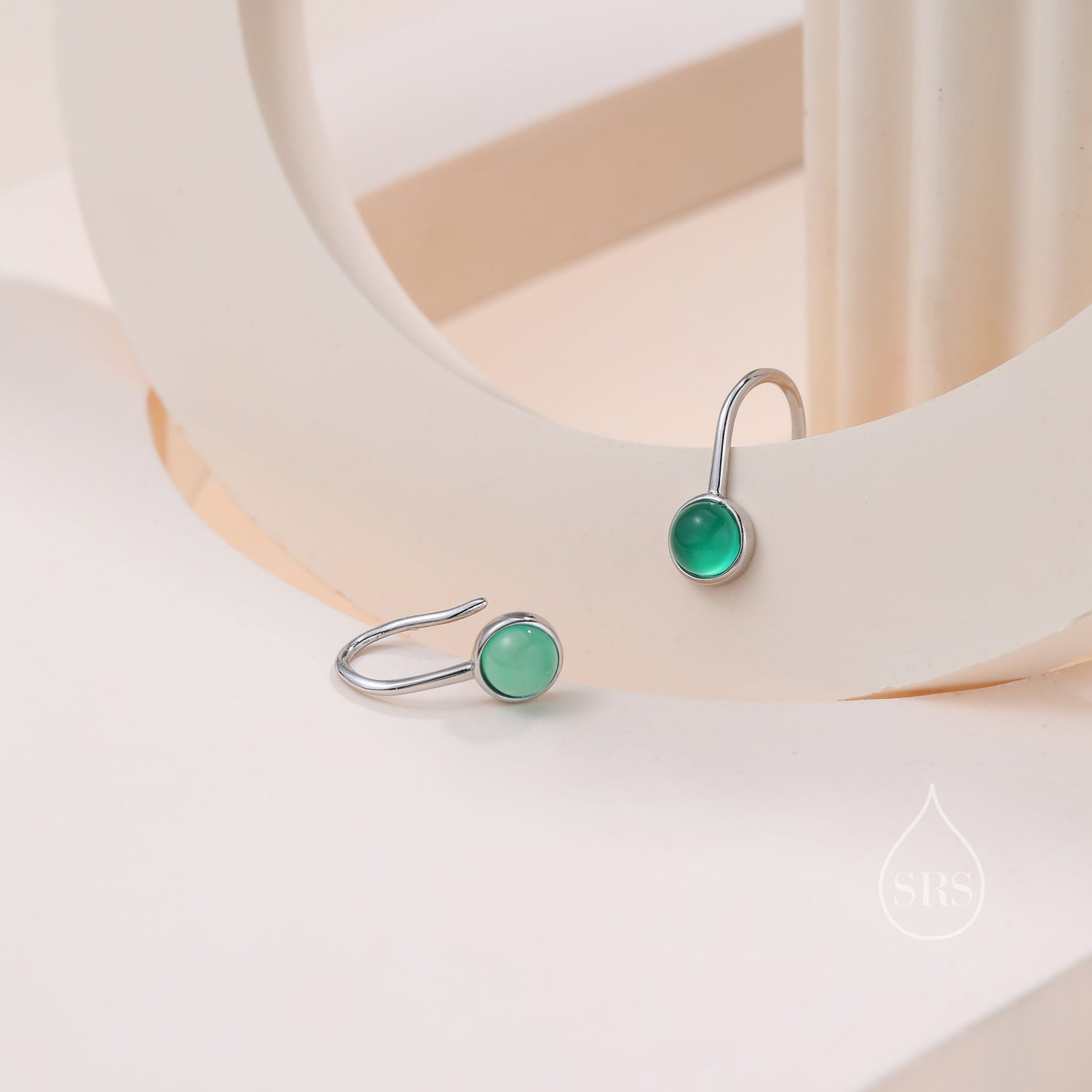 Genuine Green Onyx Drop Earrings in Sterling Silver, Natural Green Chalcedony Round Hook Earrings, Delicate Green Onyx Earrings