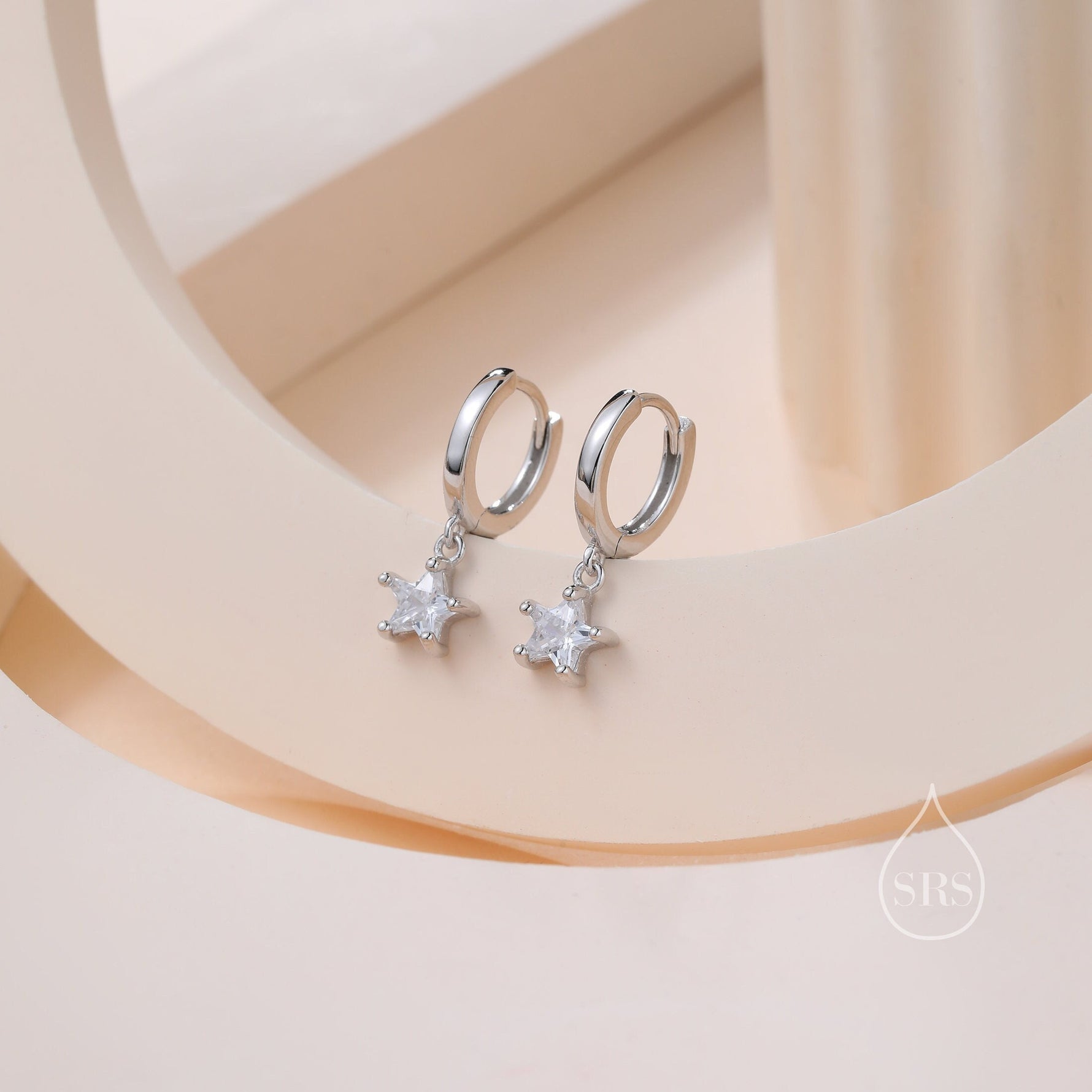 CZ Star Huggie Hoop Earrings in Sterling Silver, Silver or Gold, North Star Dangle Earrings, Sunburst Earrings, Celestial Jewellery