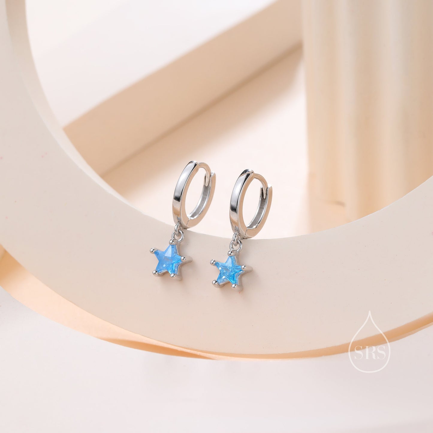 Sparkly CZ Star Huggie Hoop Earrings in Sterling Silver, Aquamarine Blue Star Hoops, North Star Dangle Earrings, Celestial Jewellery