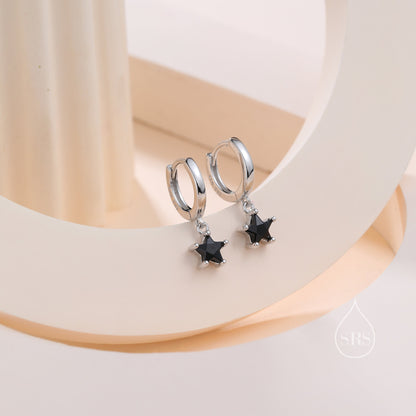 Sparkly CZ Star Huggie Hoop Earrings in Sterling Silver, Aquamarine Blue Star Hoops, North Star Dangle Earrings, Celestial Jewellery