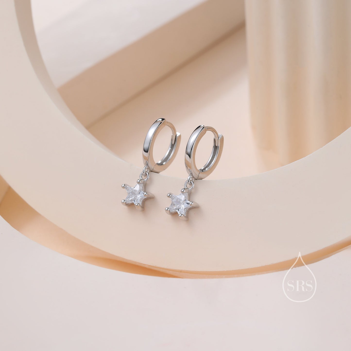 Sparkly CZ Star Huggie Hoop Earrings in Sterling Silver, Aquamarine Blue Star Hoops, North Star Dangle Earrings, Celestial Jewellery