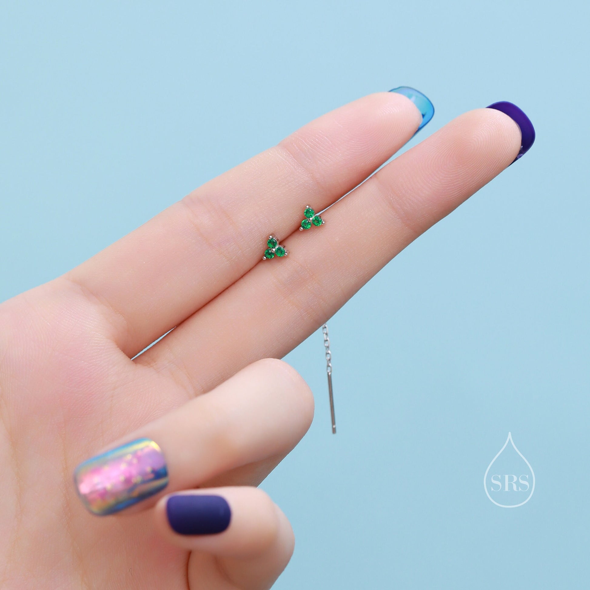 CZ Trio Flower Threader Earrings in Sterling Silver, Silver or Gold, Available in 6 Colours, Three Dot Crystal Ear Threaders