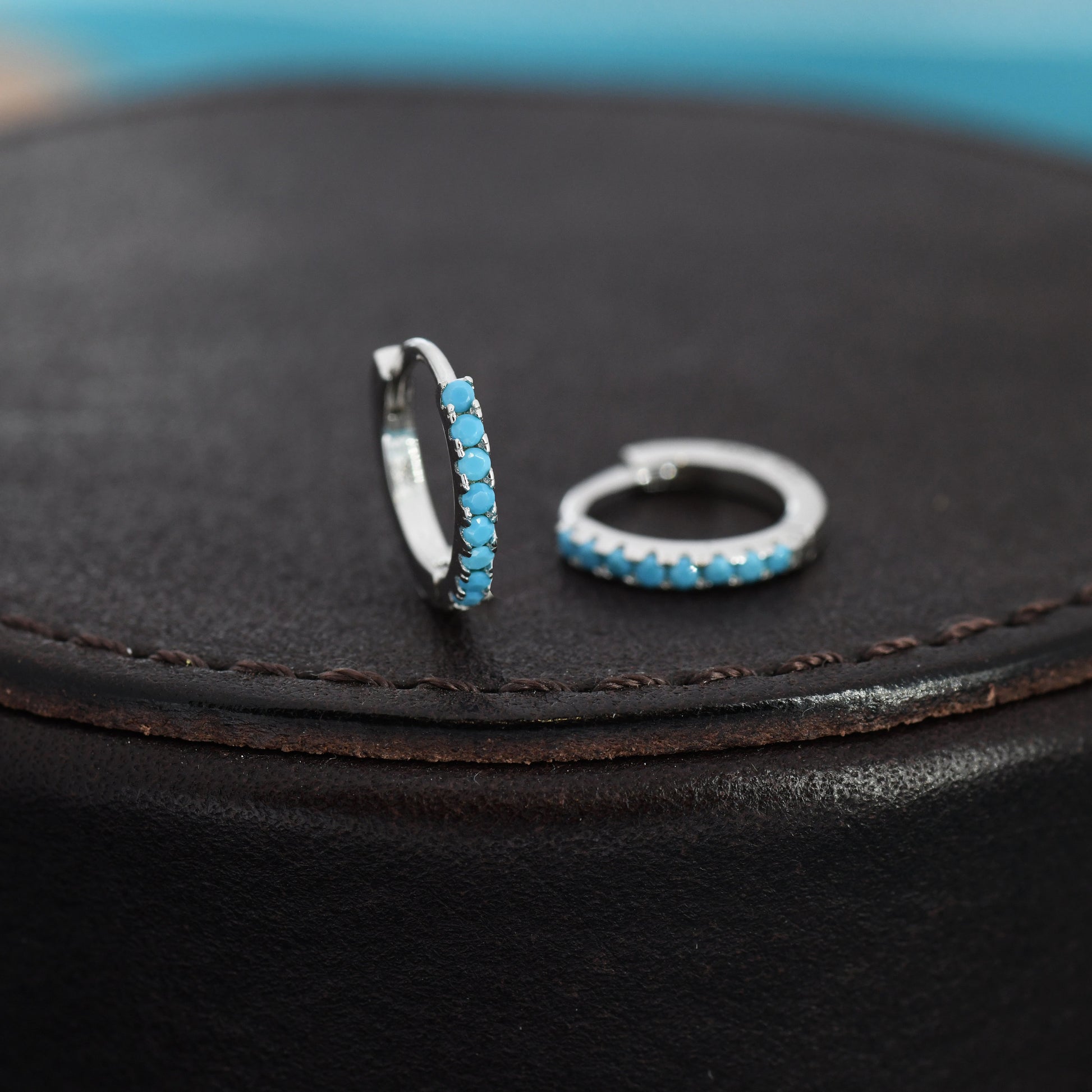 Turquoise Huggie Hoop in Sterling Silver, Silver or Gold, 8mm Inner Diameter Hoop Earrings, Turquoise Earrings