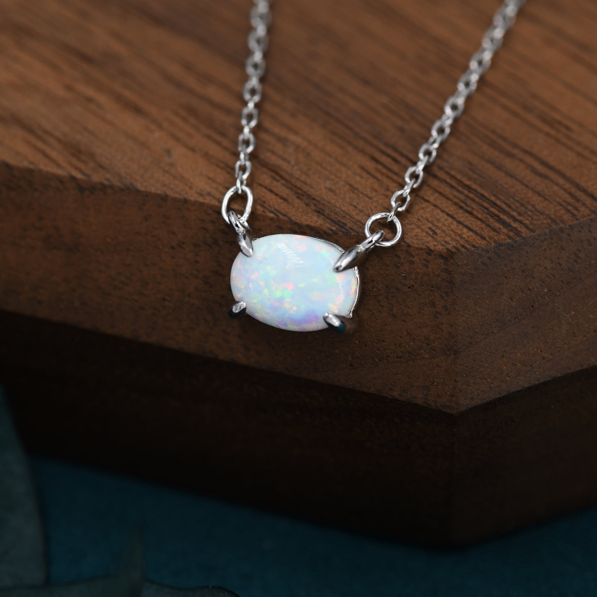 White Opal Oval Necklace in Sterling Silver, Dainty Lab Oval Cabochon Necklace, October Birthstone