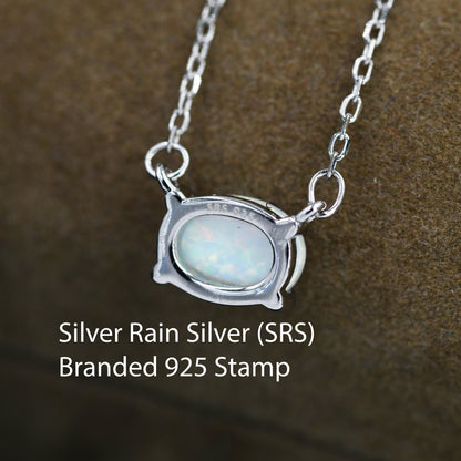 White Opal Oval Necklace in Sterling Silver, Dainty Lab Oval Cabochon Necklace, October Birthstone