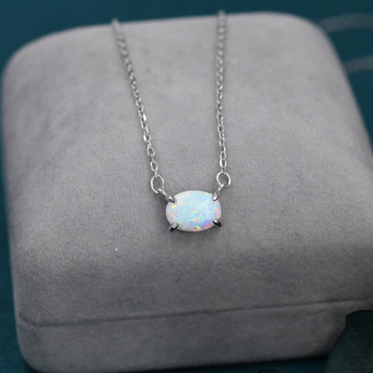 White Opal Oval Necklace in Sterling Silver, Dainty Lab Oval Cabochon Necklace, October Birthstone