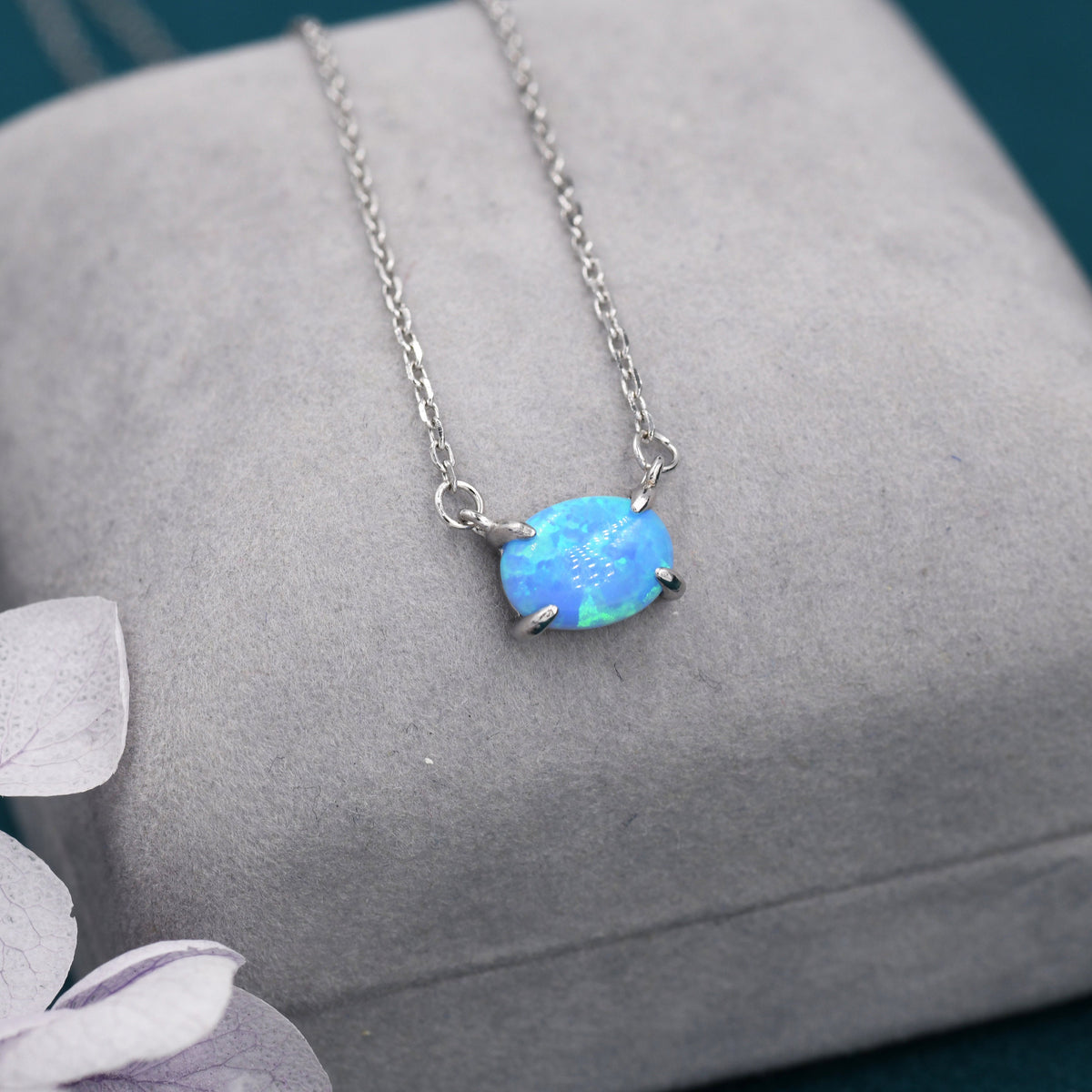 Blue Opal Oval Necklace in Sterling Silver, Dainty Lab Oval Cabochon Necklace, October Birthstone