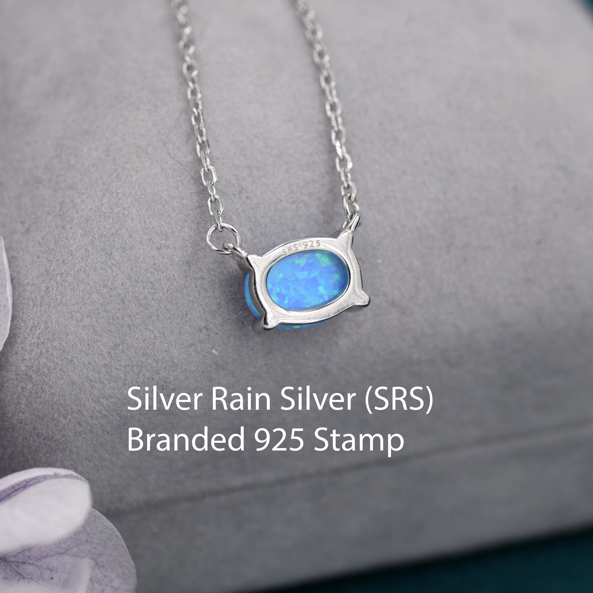 Blue Opal Oval Necklace in Sterling Silver, Dainty Lab Oval Cabochon Necklace, October Birthstone