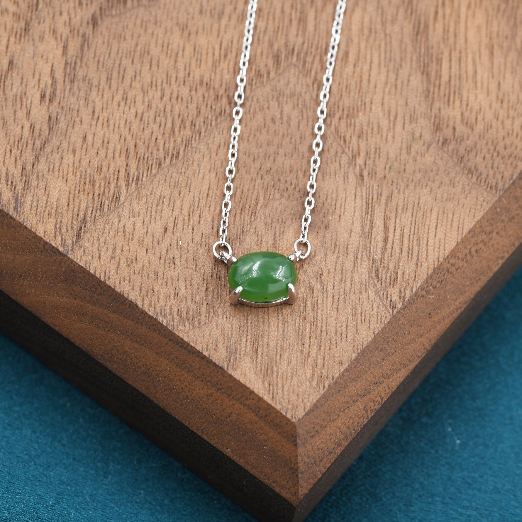 Genuine Green Jade Oval Necklace in Sterling Silver, Dainty Jade Oval Cabochon Necklace, Natural Jade Necklace