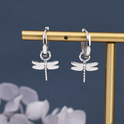 Sterling Silver Dragonfly Huggie Hoops, Silver, Gold or Rose Gold Finish, Dragonfly Hoop Earrings with Dangle Charms, Daily Dangle Earrings