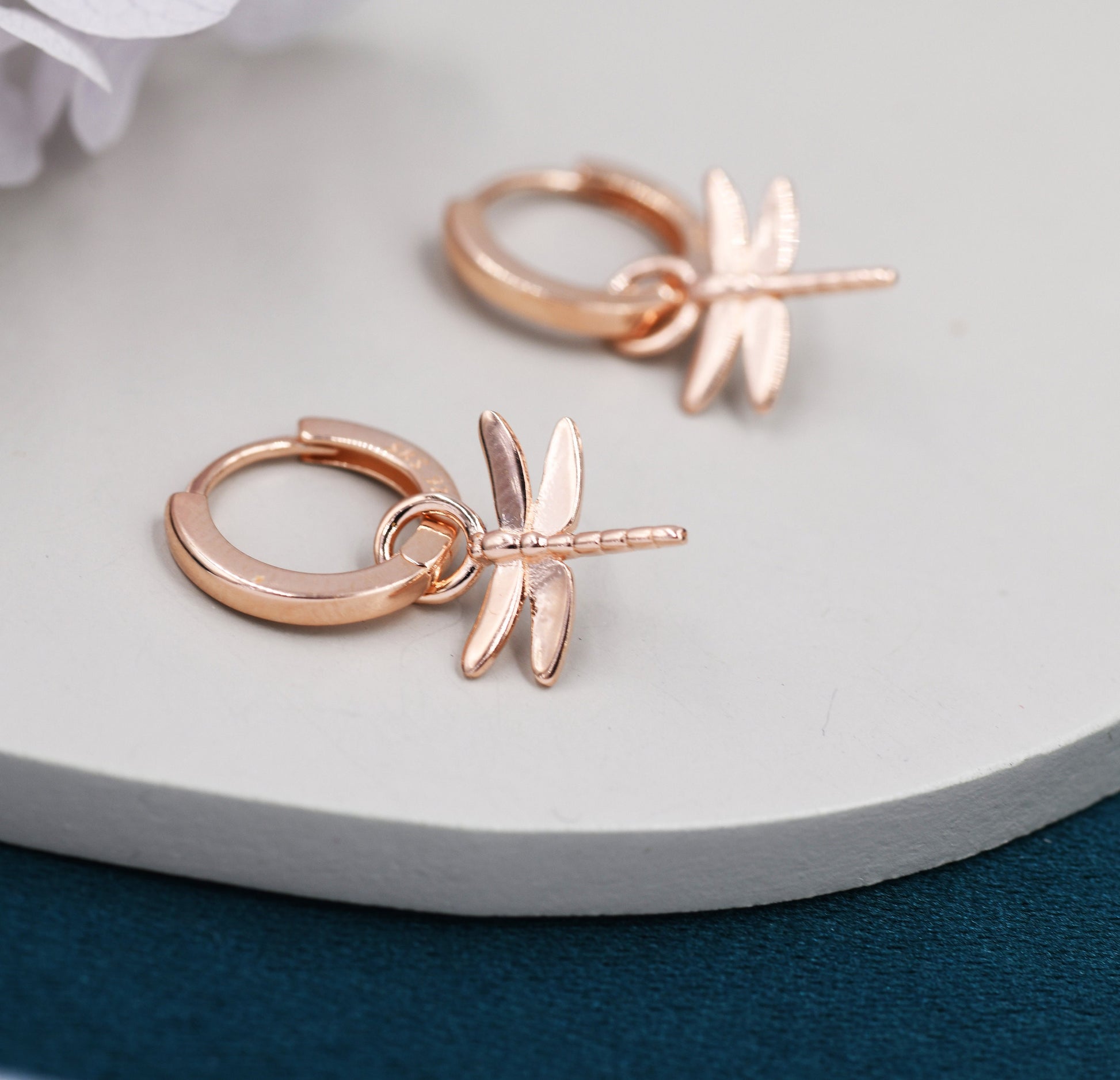 Sterling Silver Dragonfly Huggie Hoops, Silver, Gold or Rose Gold Finish, Dragonfly Hoop Earrings with Dangle Charms, Daily Dangle Earrings
