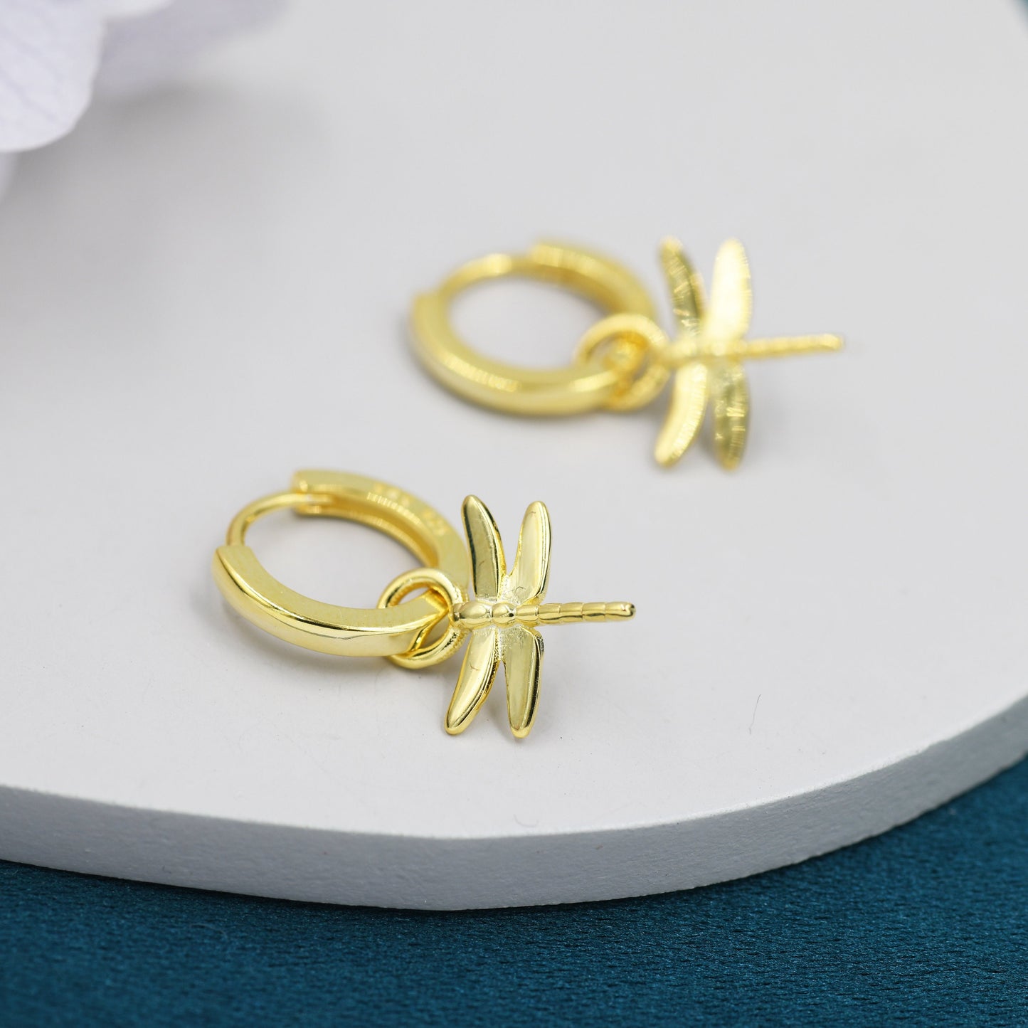 Sterling Silver Dragonfly Huggie Hoops, Silver, Gold or Rose Gold Finish, Dragonfly Hoop Earrings with Dangle Charms, Daily Dangle Earrings