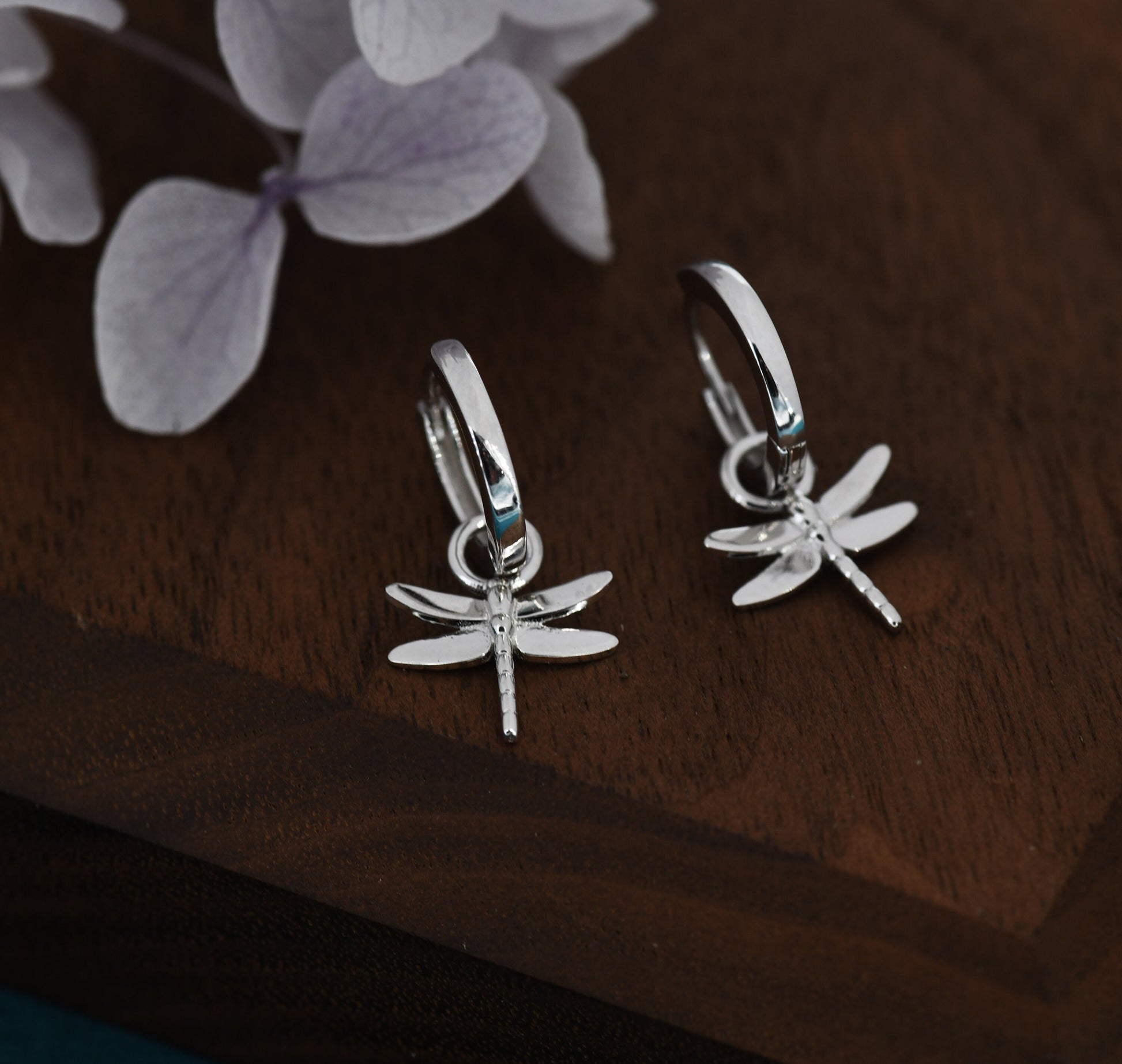 Sterling Silver Dragonfly Huggie Hoops, Silver, Gold or Rose Gold Finish, Dragonfly Hoop Earrings with Dangle Charms, Daily Dangle Earrings