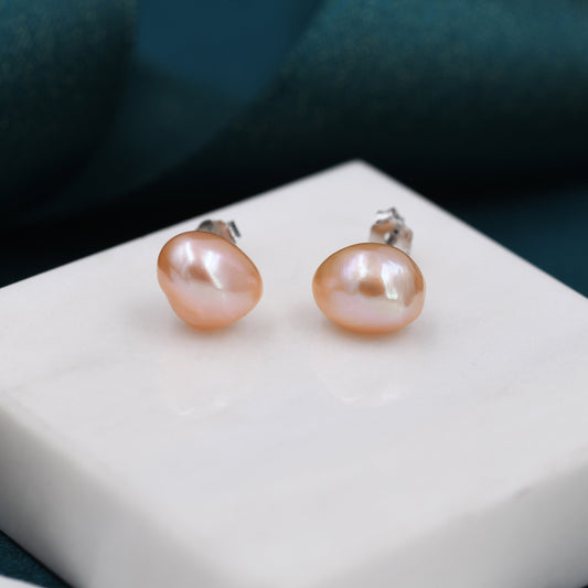 Sterling Silver Genuine Pink Baroque Pearl Stud Earrings, 8mm, Natural Pearl Earrings, Irregular Shape Keshi Pearl Earrings