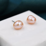 Sterling Silver Genuine Pink Baroque Pearl Stud Earrings, 8mm, Natural Pearl Earrings, Irregular Shape Keshi Pearl Earrings