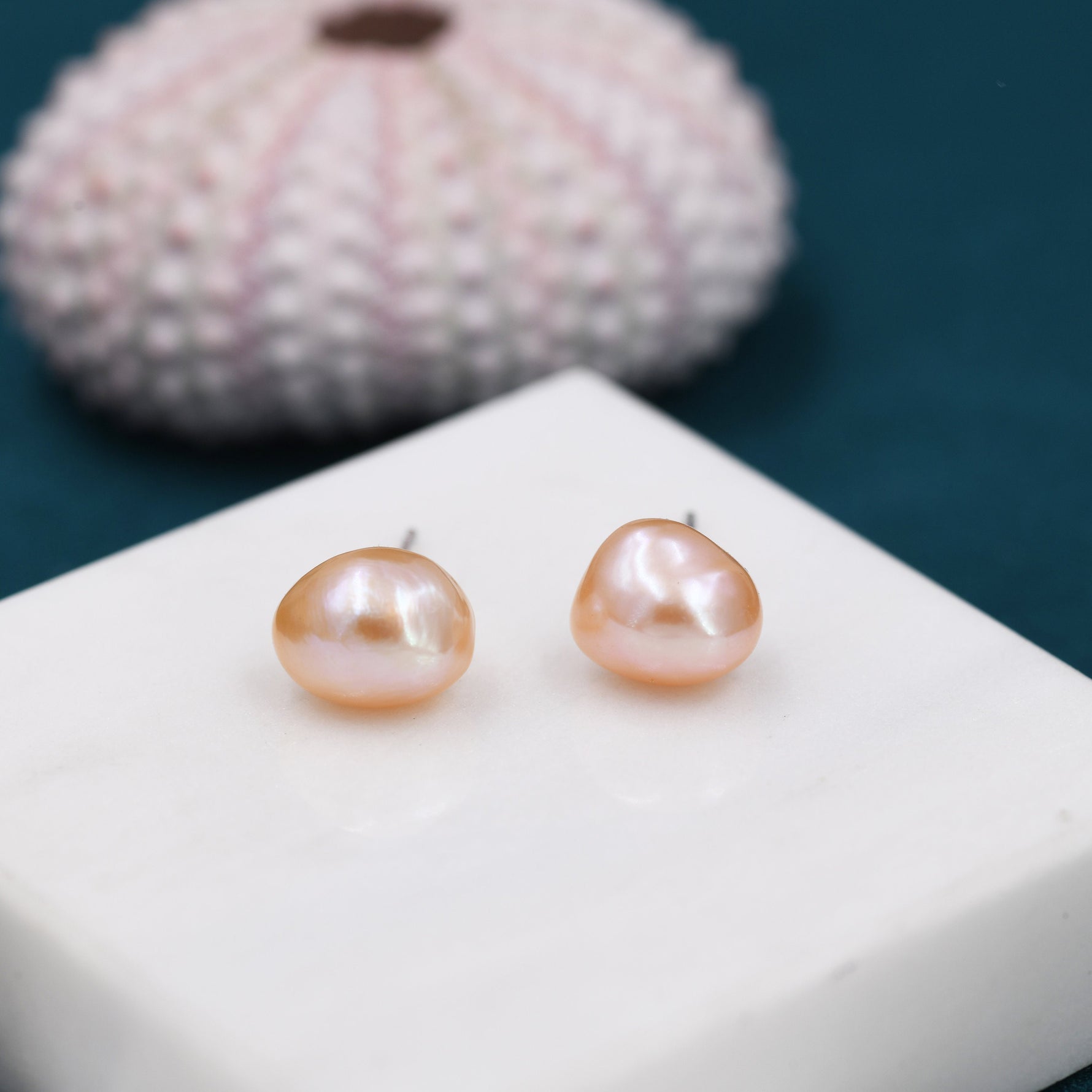 Sterling Silver Genuine Pink Baroque Pearl Stud Earrings, 8mm, Natural Pearl Earrings, Irregular Shape Keshi Pearl Earrings
