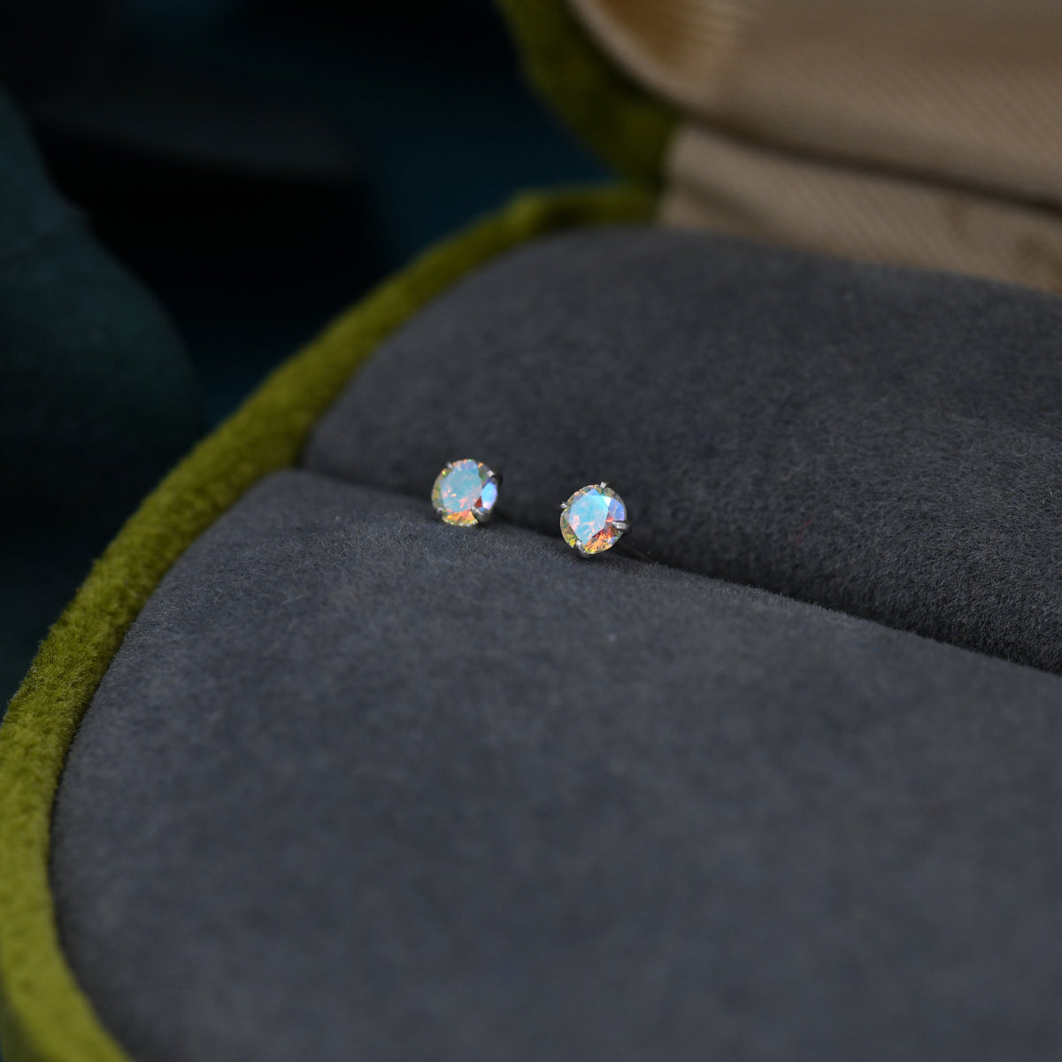Aurora AB Crystal Tiny CZ Stud Earrings in Sterling Silver, 2.5mm/3mm Colour Changing Crystals, Extra Small