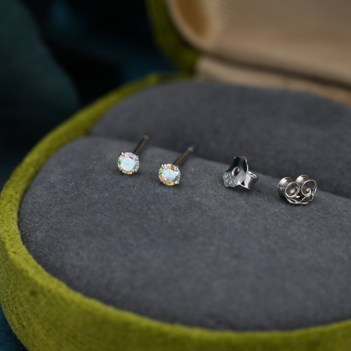 Aurora AB Crystal Tiny CZ Stud Earrings in Sterling Silver, 2.5mm/3mm Colour Changing Crystals, Extra Small