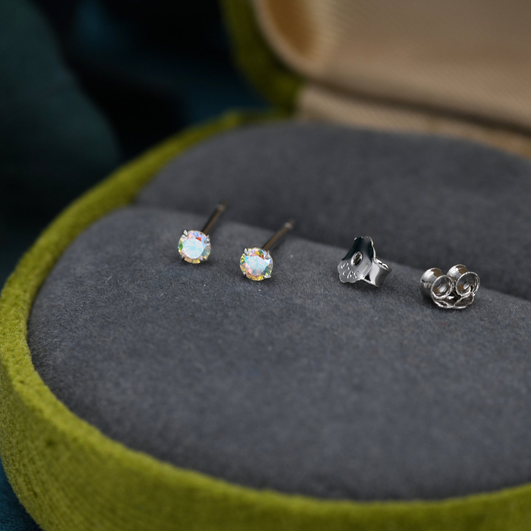 Aurora AB Crystal Tiny CZ Stud Earrings in Sterling Silver, 2.5mm/3mm Colour Changing Crystals, Extra Small
