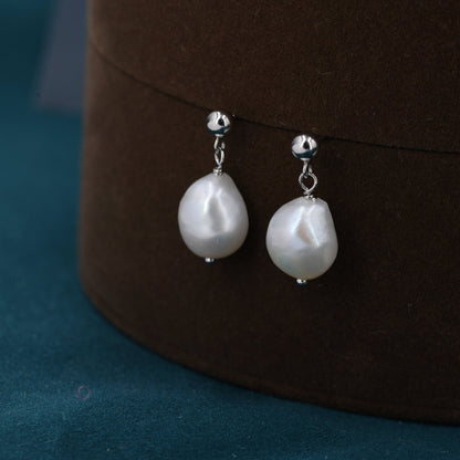 Genuine Fresh Water Pearls Drop Stud Earrings, Baroque Pearl Earrings, Sterling silver with 18ct Gold Plating, Simple and Minimalist