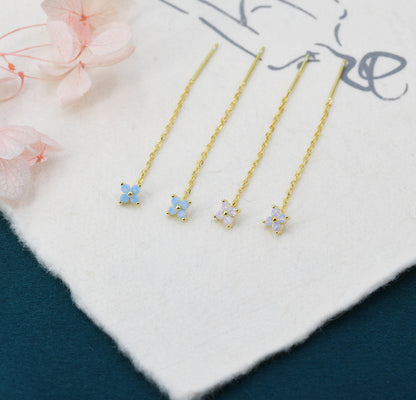 Tiny Hydrangea Flower CZ Threader Earrings in Sterling Silver, Silver or Gold, Pink Blue, Four Dot Crystal Ear Threaders, Flower CZ Earrings