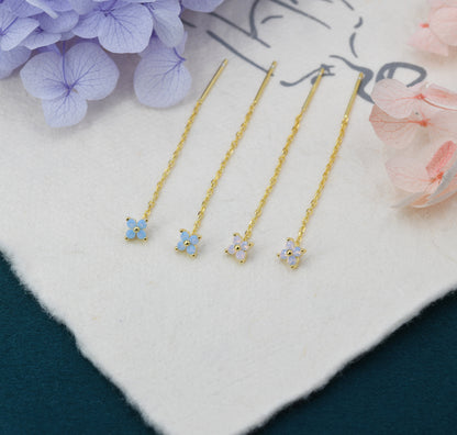 Tiny Hydrangea Flower CZ Threader Earrings in Sterling Silver, Silver or Gold, Pink Blue, Four Dot Crystal Ear Threaders, Flower CZ Earrings