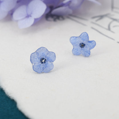 Resin Forget-Me-Not Flower Stud Earrings in Sterling Silver, Real Flower Earrings, Resin Flower Jewellery - Blue