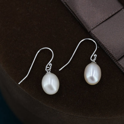 Natural Freshwater Pearl Huggie Drop Hook Earrings in Sterling Silver, Oval Pearl Earrings