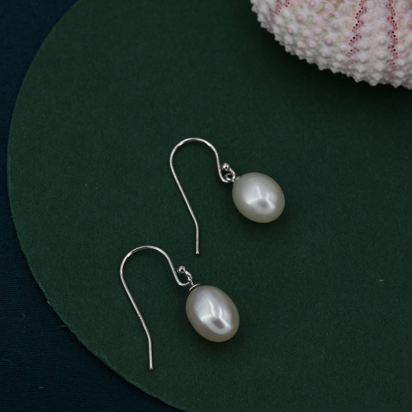 Natural Freshwater Pearl Huggie Drop Hook Earrings in Sterling Silver, Oval Pearl Earrings