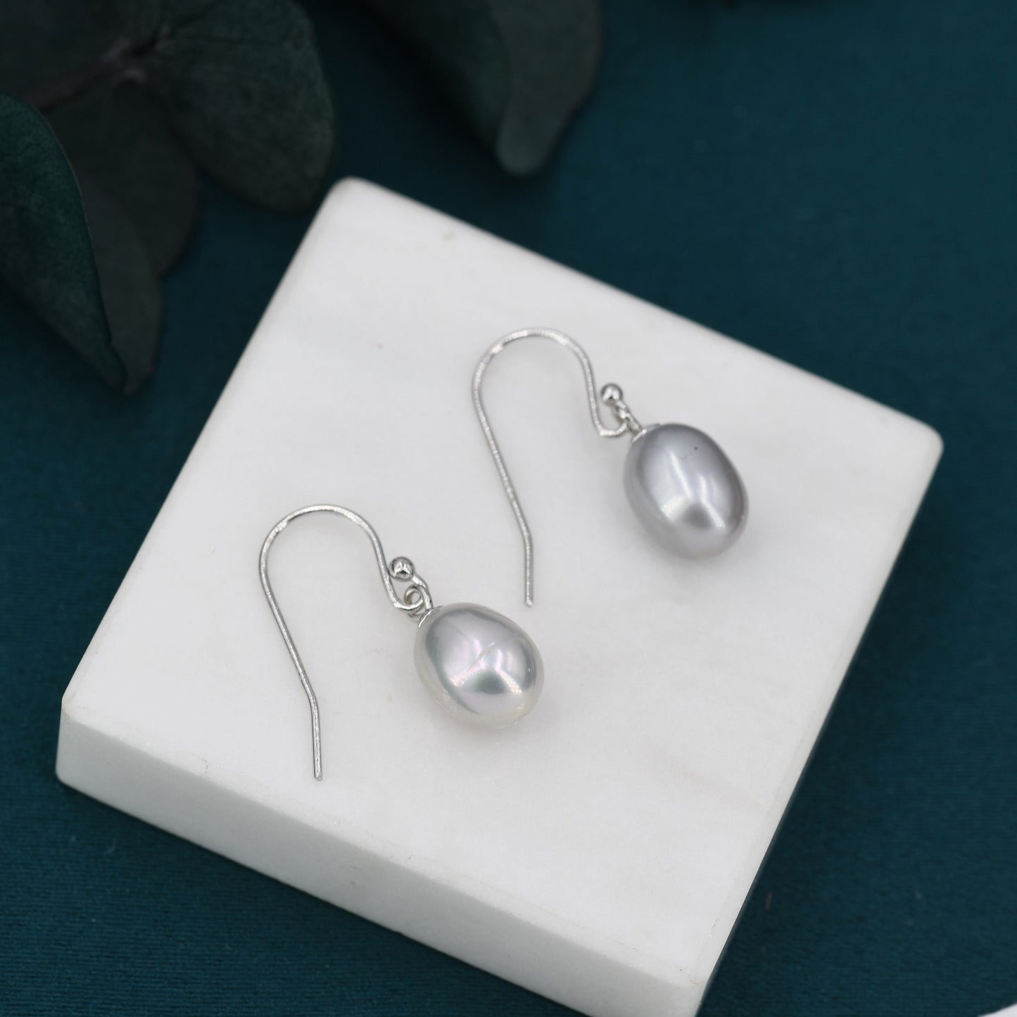 Sterling Silver Grey Pearl Earrings, Natural Freshwater Pearl Drop Hook Earrings in Sterling Silver, Oval Pearl Earrings