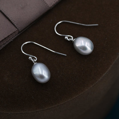 Sterling Silver Grey Pearl Earrings, Natural Freshwater Pearl Drop Hook Earrings in Sterling Silver, Oval Pearl Earrings