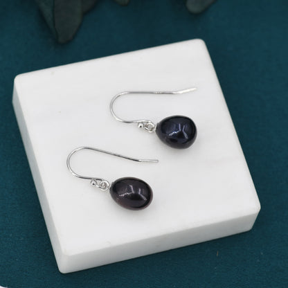Sterling Silver Black Pearl Earrings, Natural Freshwater Pearl Drop Hook Earrings in Sterling Silver, Oval Pearl Earrings