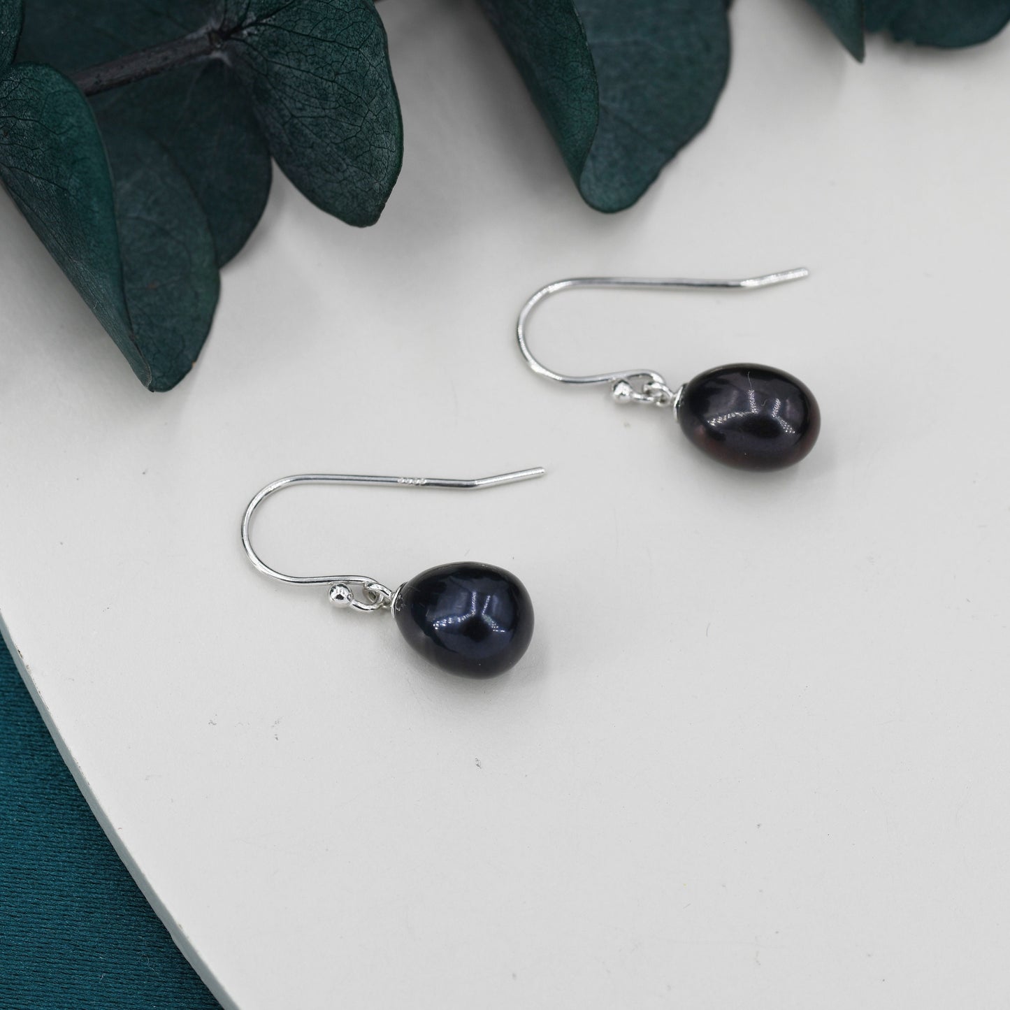 Sterling Silver Black Pearl Earrings, Natural Freshwater Pearl Drop Hook Earrings in Sterling Silver, Oval Pearl Earrings