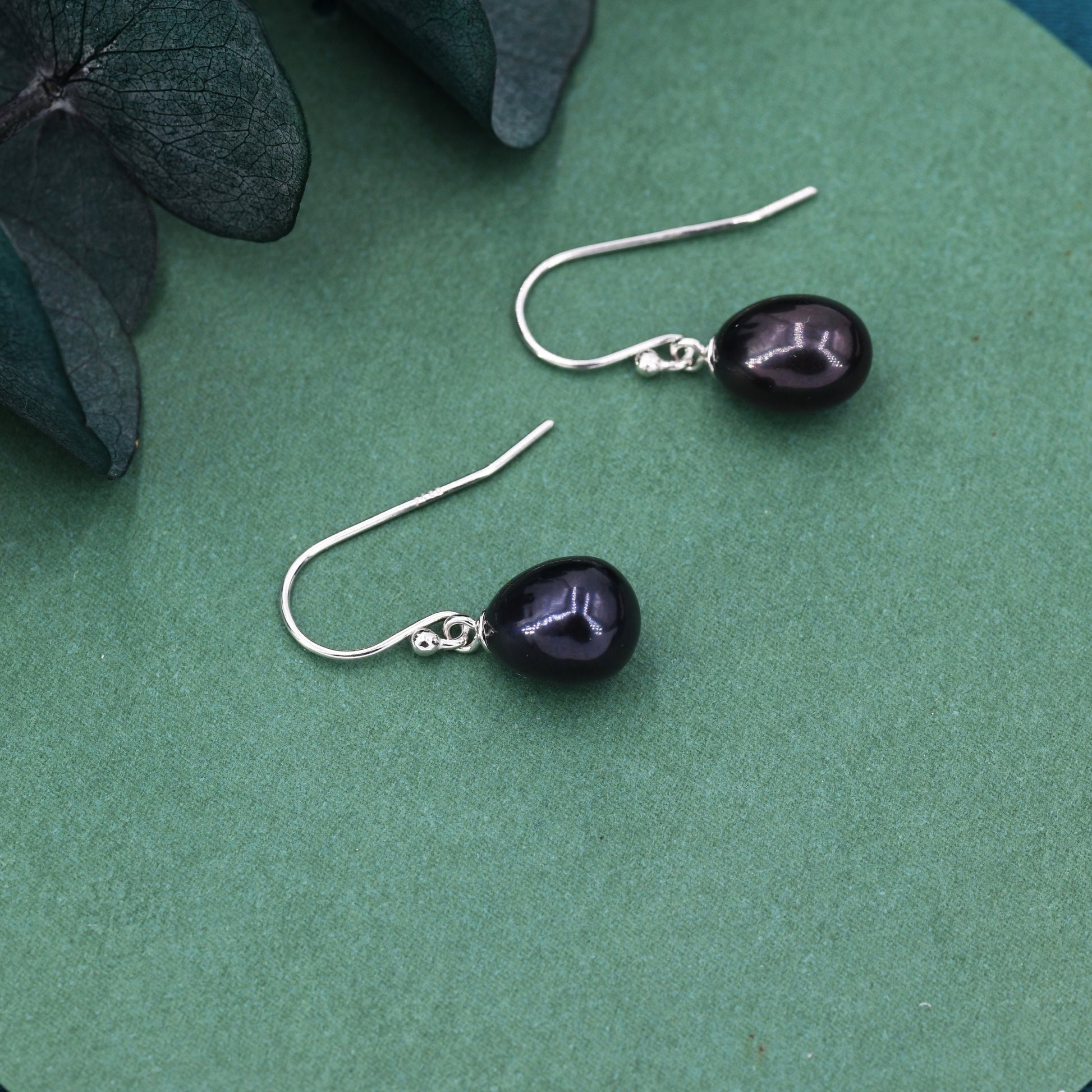 Sterling Silver Black Pearl Earrings, Natural Freshwater Pearl Drop Hook Earrings in Sterling Silver, Oval Pearl Earrings