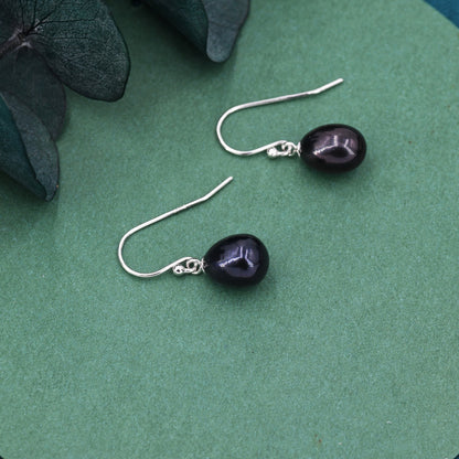 Sterling Silver Black Pearl Earrings, Natural Freshwater Pearl Drop Hook Earrings in Sterling Silver, Oval Pearl Earrings