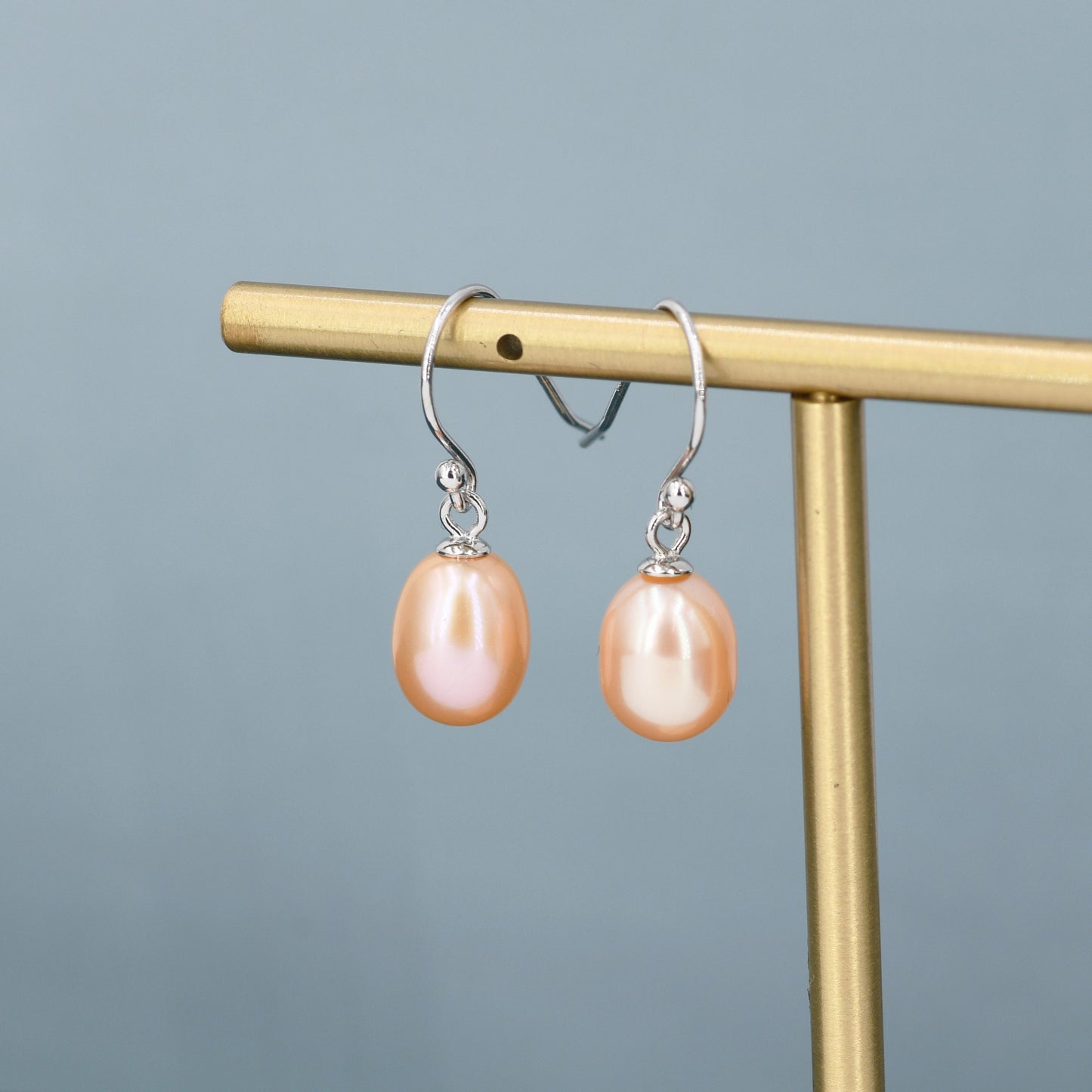 Sterling Silver Pink Pearl Earrings, Natural Freshwater Pearl Drop Hook Earrings in Sterling Silver, Oval Pearl Earrings