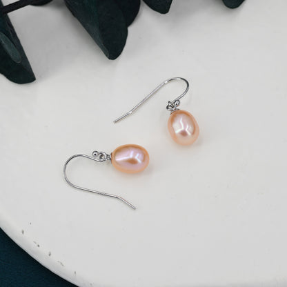 Sterling Silver Pink Pearl Earrings, Natural Freshwater Pearl Drop Hook Earrings in Sterling Silver, Oval Pearl Earrings