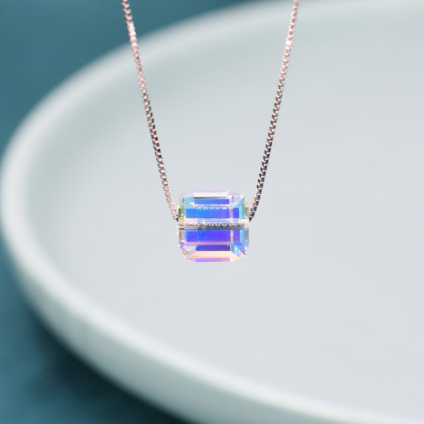 Prism Cube AB Crystal Pendant Necklace in Sterling Silver,  Colour Changing Aurora Crystal Necklace, Aurora Crystal, AB Crystal