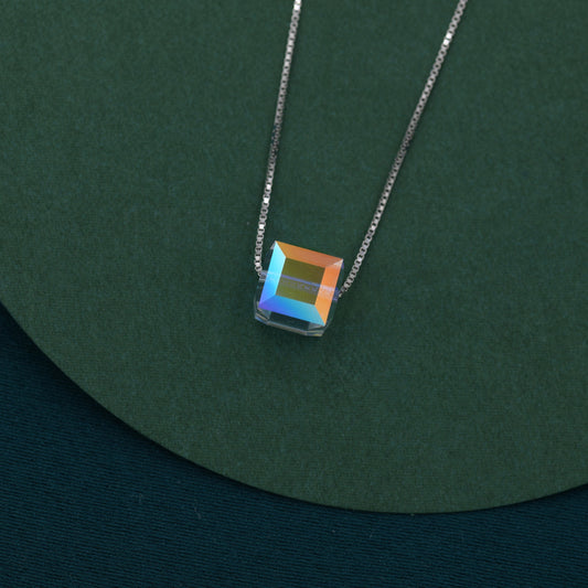 Prism Cube AB Crystal Pendant Necklace in Sterling Silver, Colour Changing Aurora Crystal Necklace, Aurora Crystal, AB Crystal