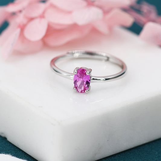 Created Ruby Pink Oval Ring in Sterling Silver,  4x6mm, Prong Set Oval Cut, Adjustable Size, Lab Created Ruby Red CZ Ring