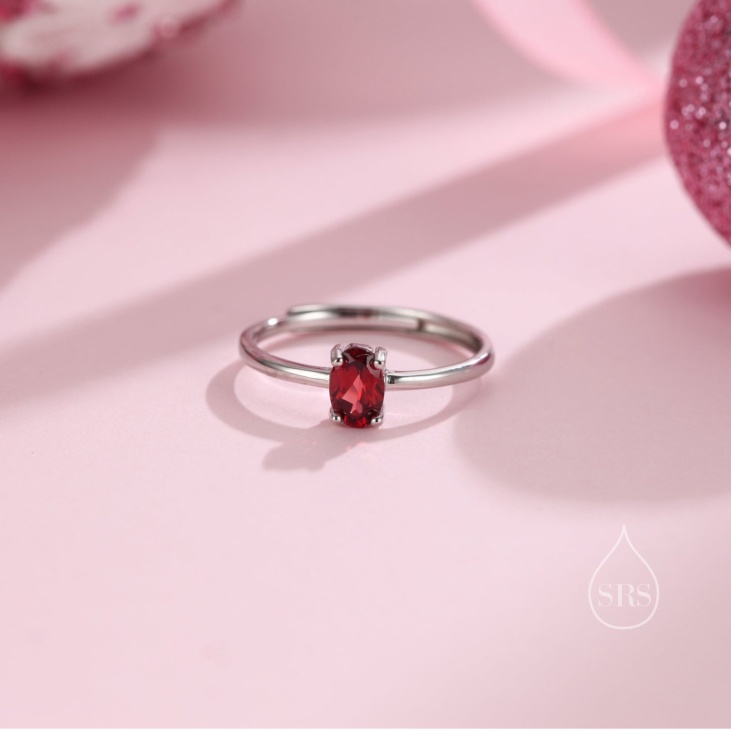Natural Red Garnet Oval Ring in Sterling Silver, 4x6mm, Prong Set Oval Cut, Adjustable Size, Genuine Garnet Ring, January Birthstone