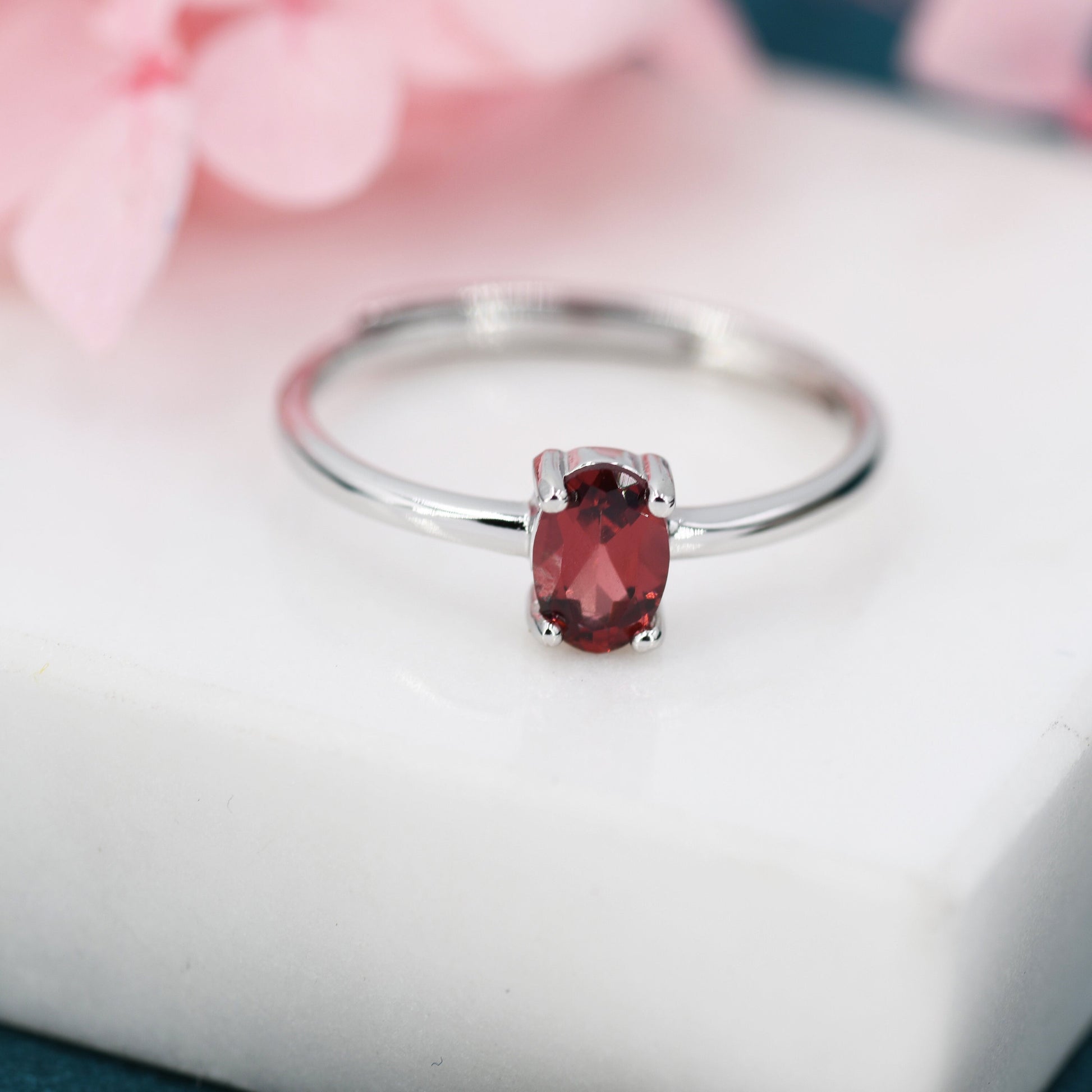 Natural Red Garnet Oval Ring in Sterling Silver, 4x6mm, Prong Set Oval Cut, Adjustable Size, Genuine Garnet Ring, January Birthstone