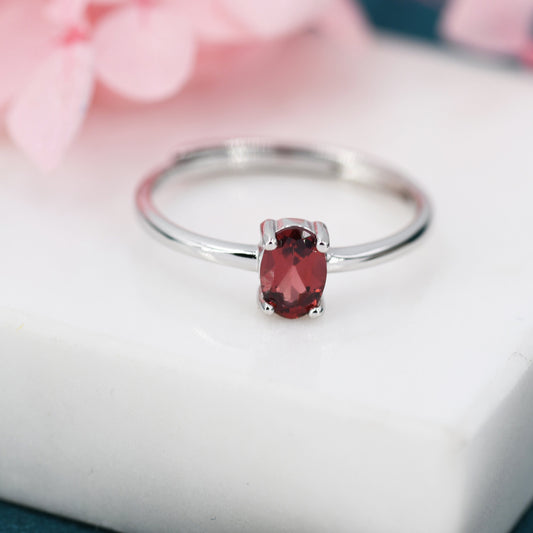Natural Red Garnet Oval Ring in Sterling Silver, 4x6mm, Prong Set Oval Cut, Adjustable Size, Genuine Garnet Ring, January Birthstone