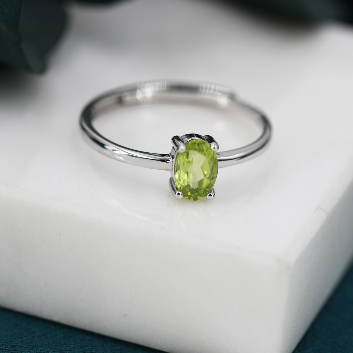 Natural 1 Carat Peridot Oval Ring in Sterling Silver, 5x7mm, Prong Set Oval Cut, US Size 5 6 7 8 , Genuine Peridot Ring, August Birthstone