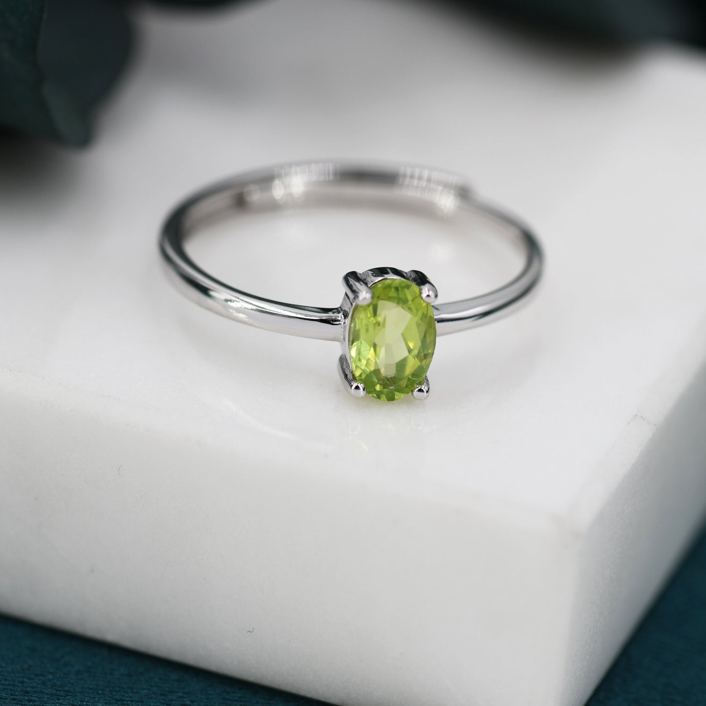 Natural Green Peridot Oval Ring in Sterling Silver, 4x6mm, Prong Set Oval Cut, Adjustable Size, Genuine Peridot Ring, August Birthstone