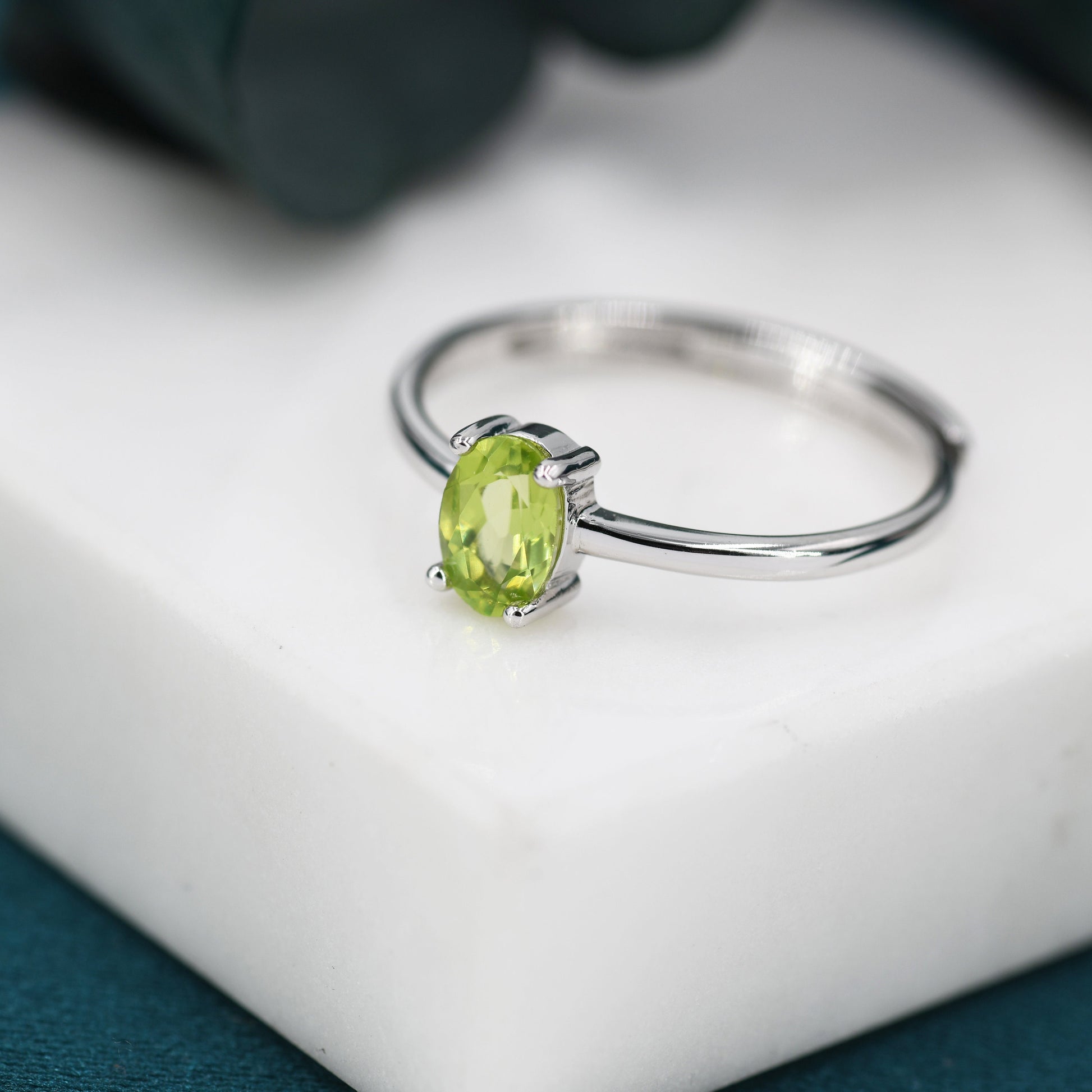 Natural Green Peridot Oval Ring in Sterling Silver, 4x6mm, Prong Set Oval Cut, Adjustable Size, Genuine Peridot Ring, August Birthstone