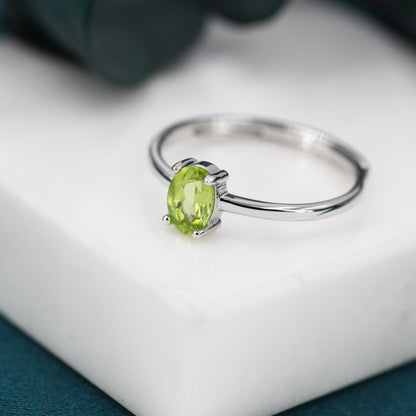 Natural Green Peridot Oval Ring in Sterling Silver,  4x6mm, Prong Set Oval Cut, Adjustable Size, Genuine Peridot Ring, August Birthstone